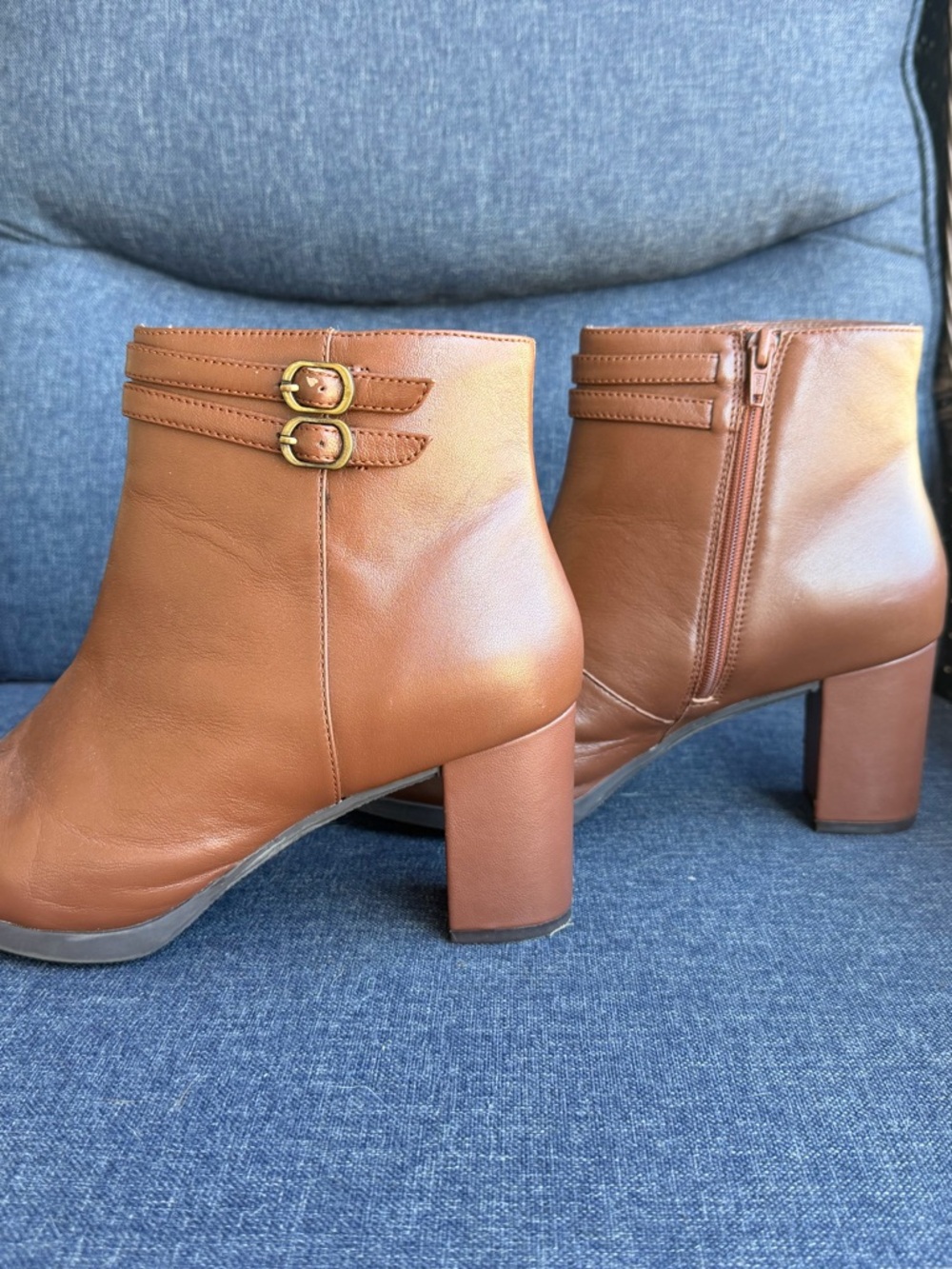 Clarks Collection: Classic Tan Leather Ankle Boots with Buckle Accent